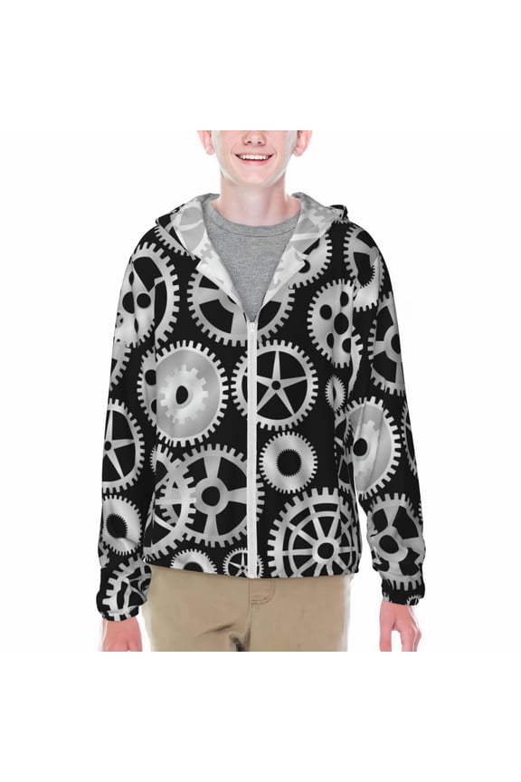 Metallic Gears Print Fishing Shirts for teenager Long Sleeve UV Sun Protection Hoodie with Zipper Outdoor Hiking Shirts-X-Large