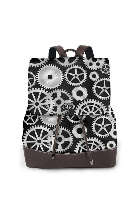 Metallic Gears Print Large Backpack Soft Leather for Women Travel with Compartment, Adjustable Convertible Strap