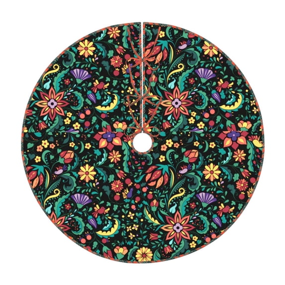 Xecao Mexican Flower 1 Pattern Christmas Tree Skirt Round Xmas Tree Mat Base Cover for Holiday Home Decorations-30"