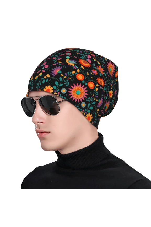 Mexican Flower And Birds Print Beanie Knitted Hat for Men Women, Winter Fashion Knit Cuffed Caps Unisex