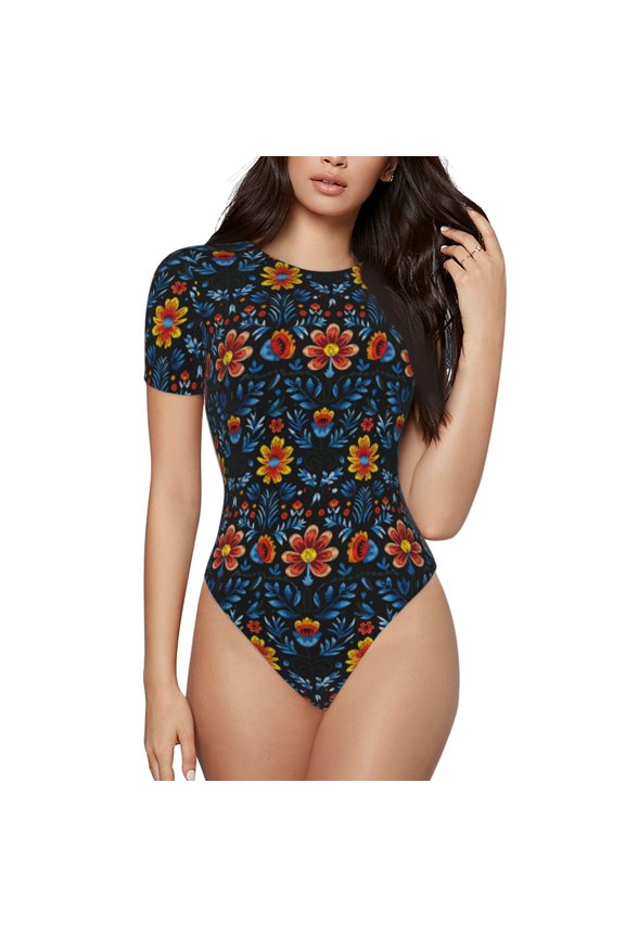 Mexican Flower Pattern Women's Crew Neck Body Suit, Short-Sleeved Bodysuit and Basic Swimsuit,Both Comfort and Style for Dating and Daily life -Large