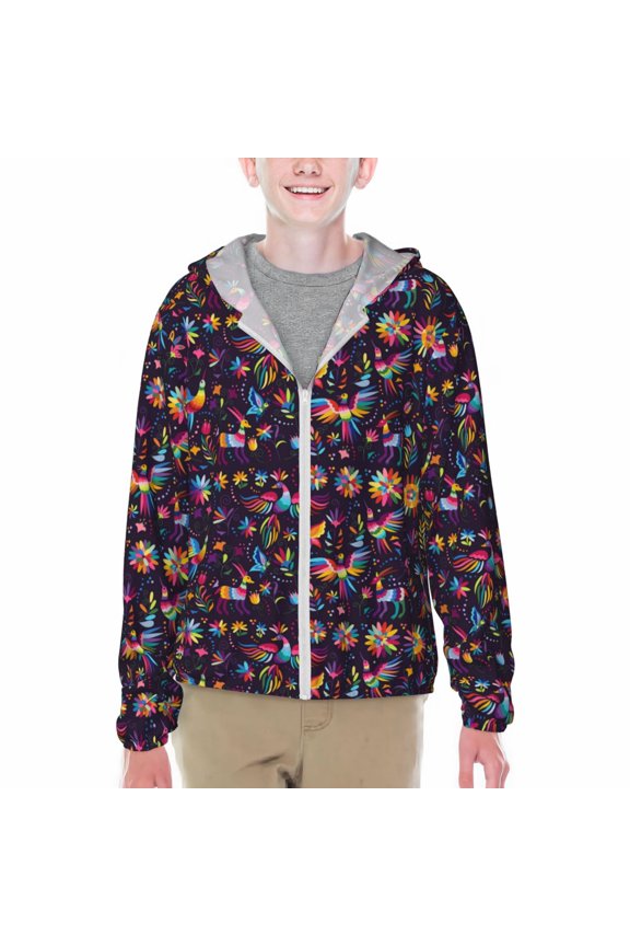 Mexican Flowers Birds Print Fishing Shirts for teenager Long Sleeve UV Sun Protection Hoodie with Zipper Outdoor Hiking Shirts-Small