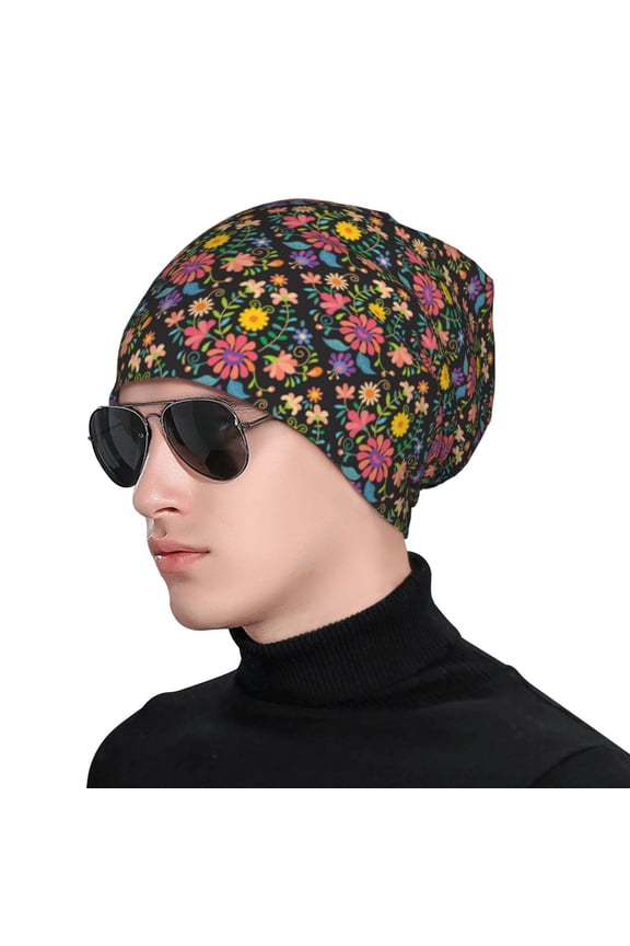Mexican Folk Art Floral Print Beanie Knitted Hat for Men Women, Winter Fashion Knit Cuffed Caps Unisex