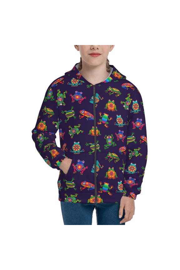 Mexican Frogs Pattern Zip Up Hoodies for Boys Girls, Sweatshirt with Pockets-Small