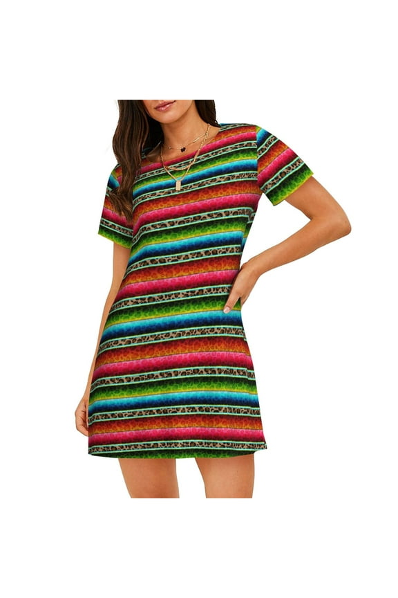 Mexican Leopard Serape Blanket Stripes for Women's Loose Nightgown Sleepwear Short Sleeves Shirt Casual Print Sleepdress