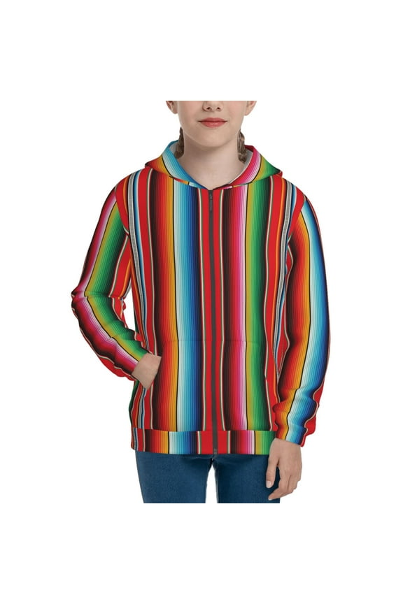 Mexican Serape Blanket Stripes Pattern Zip Up Hoodies for Boys Girls, Sweatshirt with Pockets-Medium