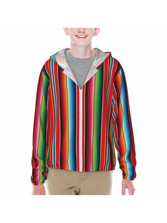 Mexican Serape Blanket Stripes Print Fishing Shirts for teenager Long Sleeve UV Sun Protection Hoodie with Zipper Outdoor Hiking Shirts-Small