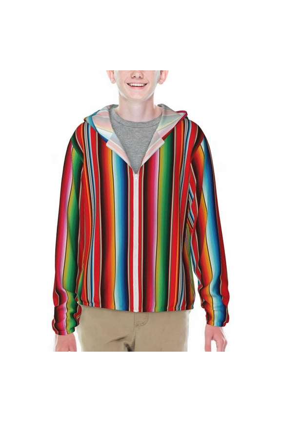 Mexican Serape Blanket Stripes Print Fishing Shirts for teenager Long Sleeve UV Sun Protection Hoodie with Zipper Outdoor Hiking Shirts-Small