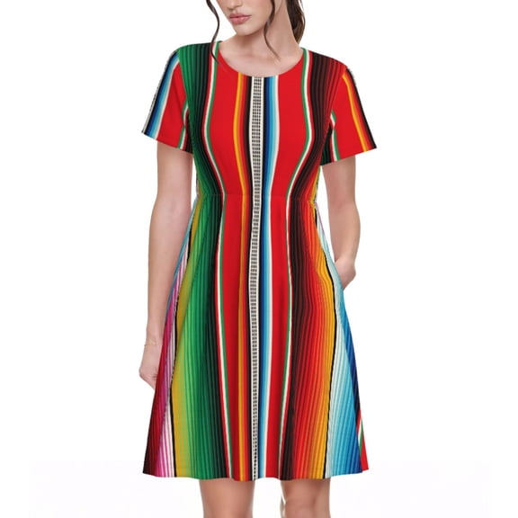 Xecao Mexican Serape Blanket Stripes for Women Summer Short Sleeve Midi Dress with Pockets Casual Aline Flowy Tshirt Dress Vocation Beach Sundress