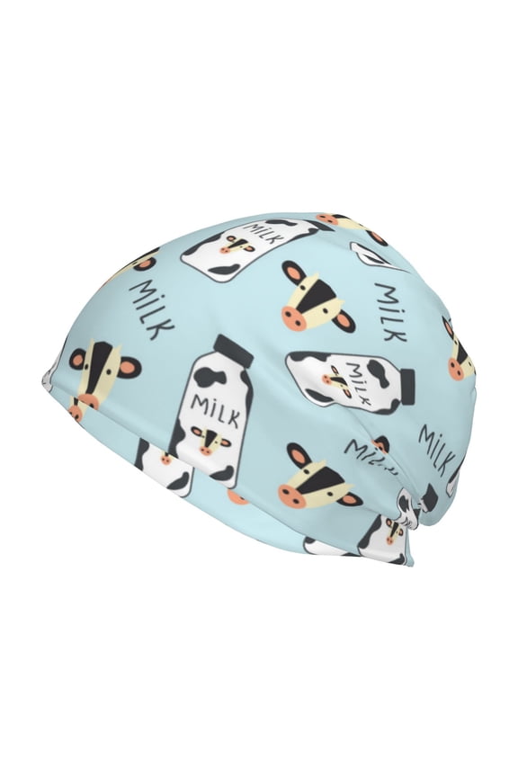 Milk Bottles And Cow Head Print Knit Hat,Winter Beanie for Men Women, Beanie Soft Warm Ski Stocking Cuffed Cap