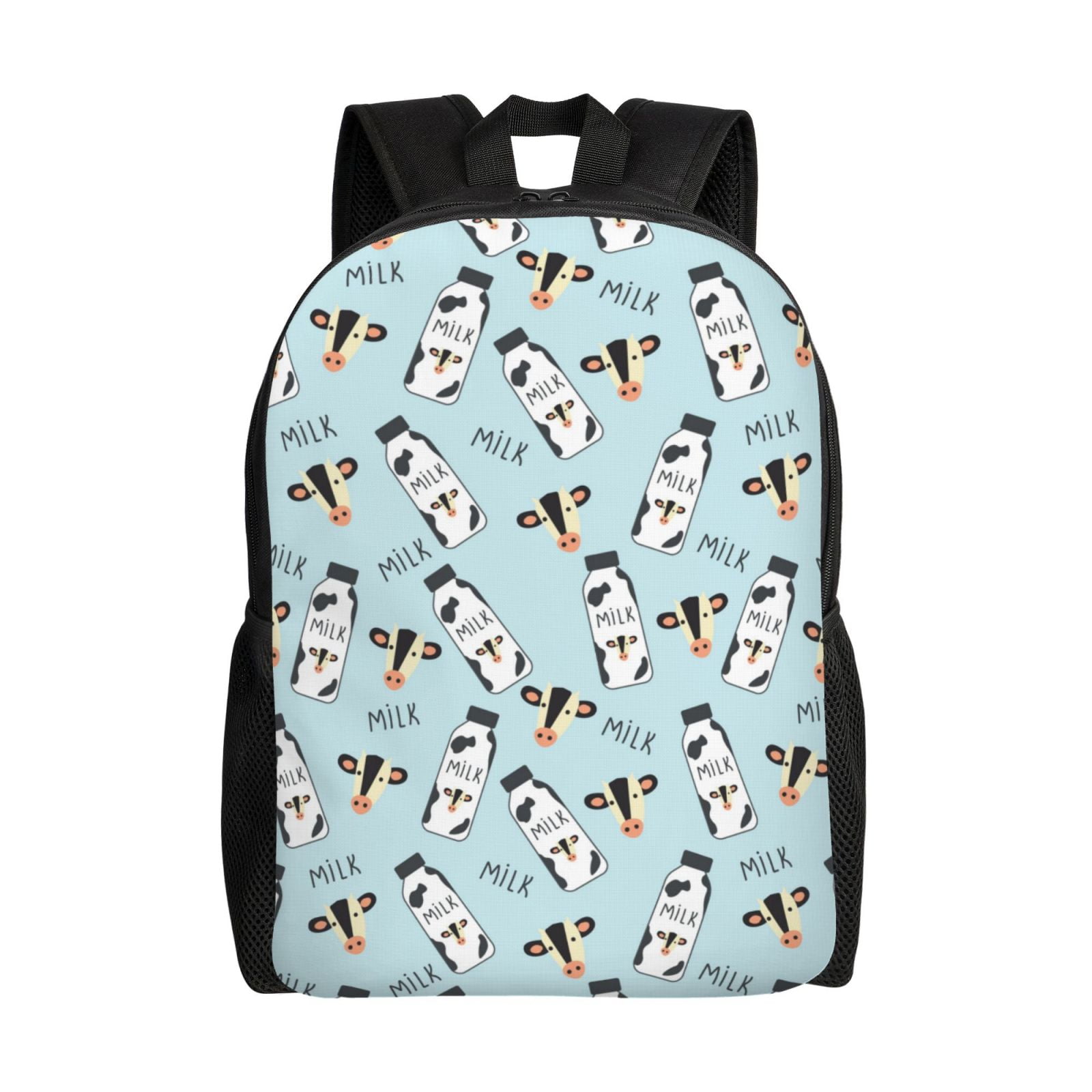 Xecao Milk Bottles And Cow Head Print School Backpack with Laptop Compartment Small Travel Laptop Backpack for Women Men Waterproof College Backpack Simple School Bag
