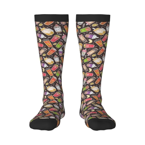 Xecao Milk Tea print thigh-high socks, crafted for both men and women with a stretchy, high-opaque design perfect for daily wear