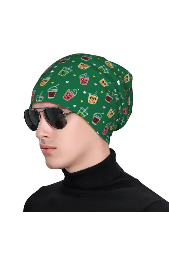 Milk Tea3 Print Beanie Knitted Hat for Men Women, Winter Fashion Knit Cuffed Caps Unisex