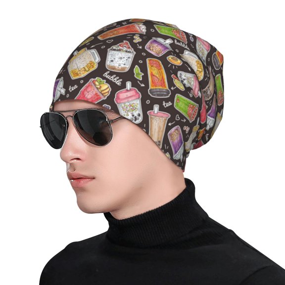 Xecao Milk Tea6 Print Beanie Knitted Hat for Men Women, Winter Fashion Knit Cuffed Caps Unisex