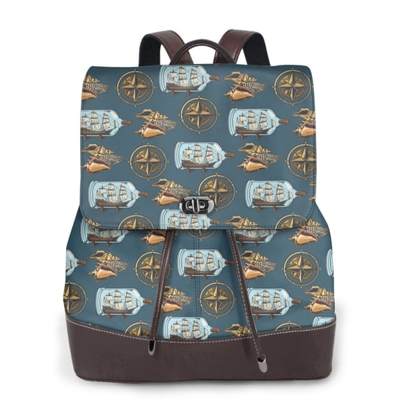 Xecao Miniature Ship In Bottle Print Large Backpack Soft Leather for Women Travel with Compartment, Adjustable Convertible Strap