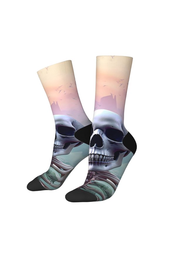 Mist Sunflower Skull Pattern Sport Socks for Women and Men Crew Socks Sporty Calf Socks Casual Socks