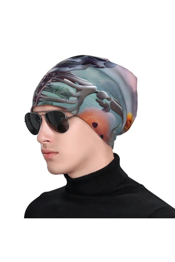 Mist Sunflower Skull Print Beanie Knitted Hat for Men Women, Winter Fashion Knit Cuffed Caps Unisex