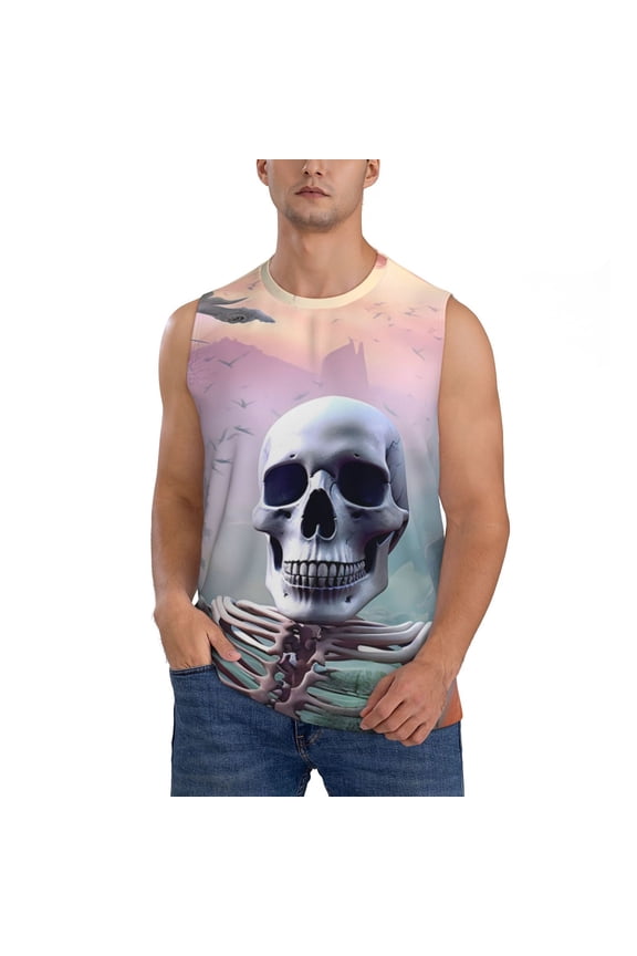 Mist Sunflower Skull Print Men's Tank Top: Sleek Sleeveless Tee for Casual Sports and Beach Occasions-Large