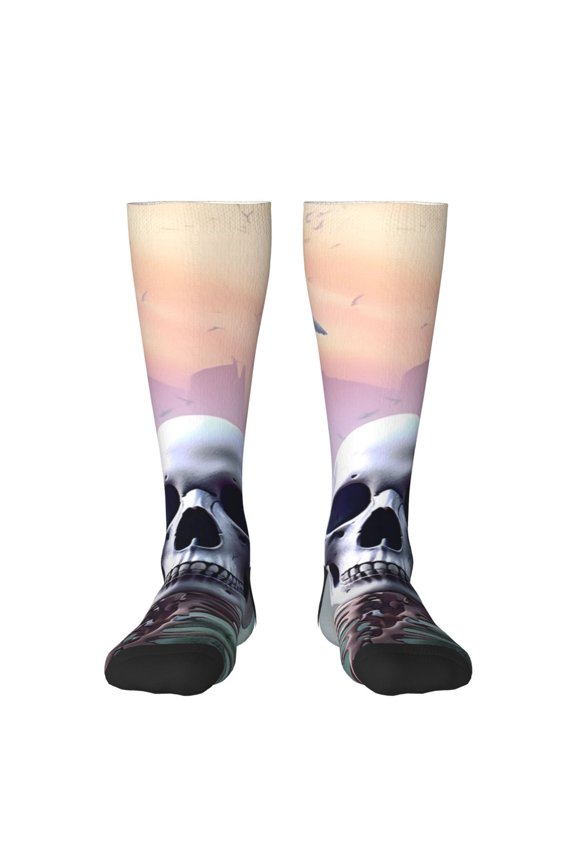 Mist Sunflower Skull print thigh-high socks, crafted for both men and women with a stretchy, high-opaque design perfect for daily wear