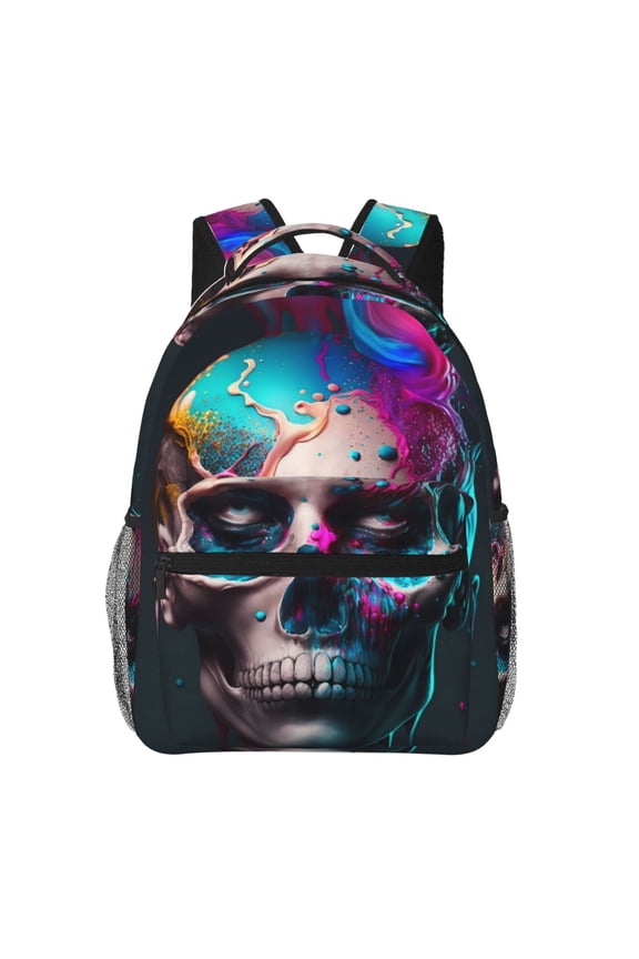 Modern Abstract Colorful Skull B Backpack, a stylish and functional choice for both men and women, is the perfect basic bookbag for college, work, or travel