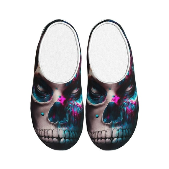 Xecao Modern Abstract Colorful Skull B Print Cotton Slippers Fuzzy Warm Cozy Slippers Non Slip House Slippers For Indoor Outdoor Cotton Slippers House Slippers-46/47