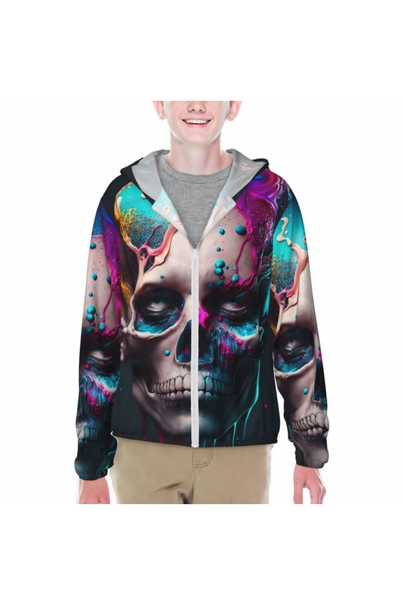 Modern Abstract Colorful Skull B Print Fishing Shirts for teenager Long Sleeve UV Sun Protection Hoodie with Zipper Outdoor Hiking Shirts-X-Large
