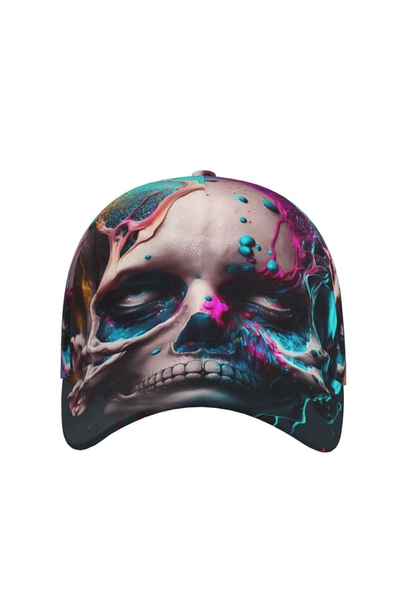 Modern Abstract Colorful Skull B for Baseball Cap: Unisex, crafted from classic polyester twill fabric, featuring a soft unconstructed design