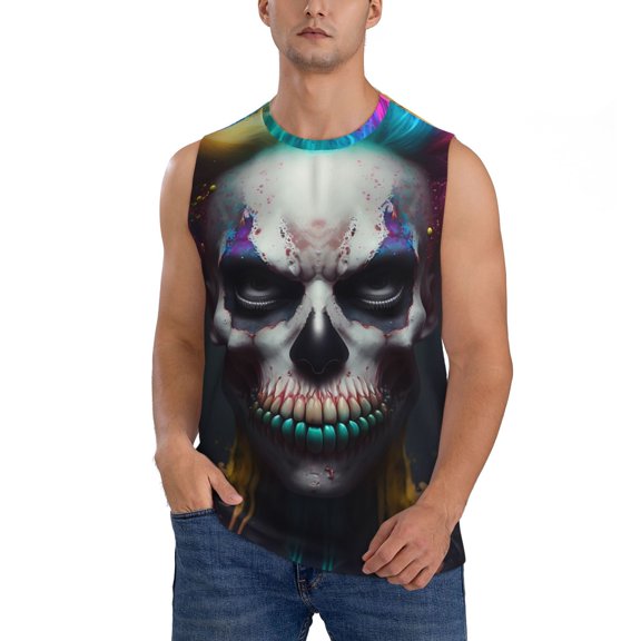 Xecao Modern Abstract Colorful Skull C Print Men's Tank Top: Sleek Sleeveless Tee for Casual Sports and Beach Occasions-Small
