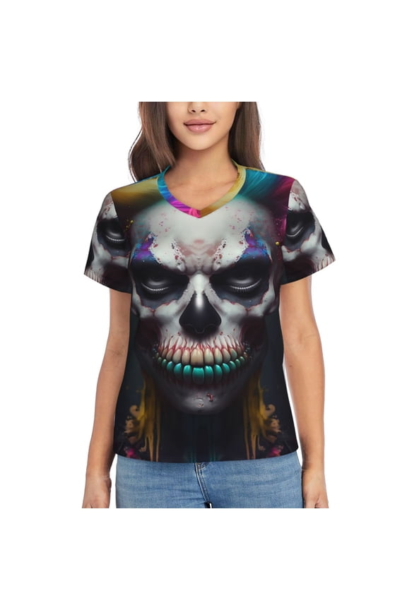 Modern Abstract Colorful Skull C for Women's V-Neck T-Shirts-Elegant Half-Sleeve Tops Perfect for Summer-Small