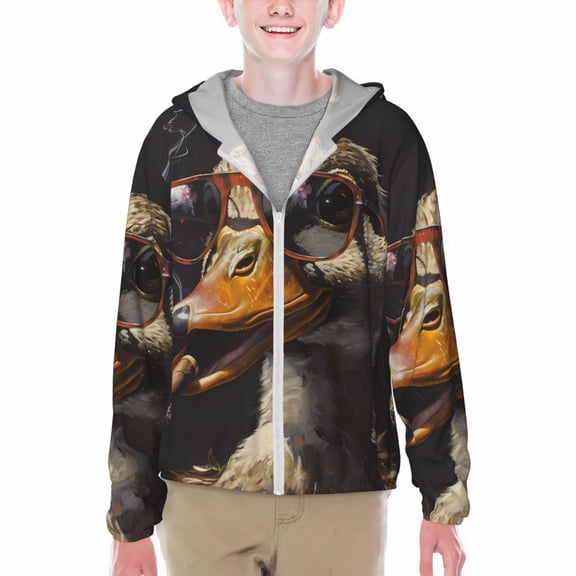 Xecao Modern Funny Duck Print Fishing Shirts for teenager Long Sleeve UV Sun Protection Hoodie with Zipper Outdoor Hiking Shirts-Small