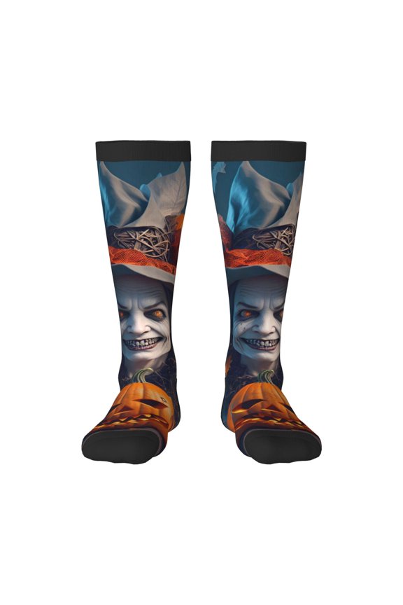 Modern Style Pumpkin Witch print thigh-high socks, crafted for both men and women with a stretchy, high-opaque design perfect for daily wear