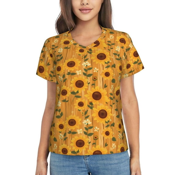 Xecao Modern Wood Grain Sunflower for Women's V-Neck T-Shirts-Elegant Half-Sleeve Tops Perfect for Summer-Medium
