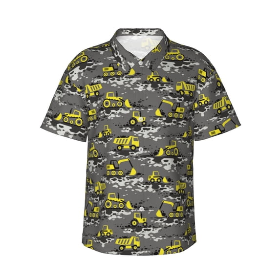 Xecao Modern Yellow Excavator print Hawaiian shirt - a stylish short-sleeve button-down for men, perfect for casual beach and tropical outings.