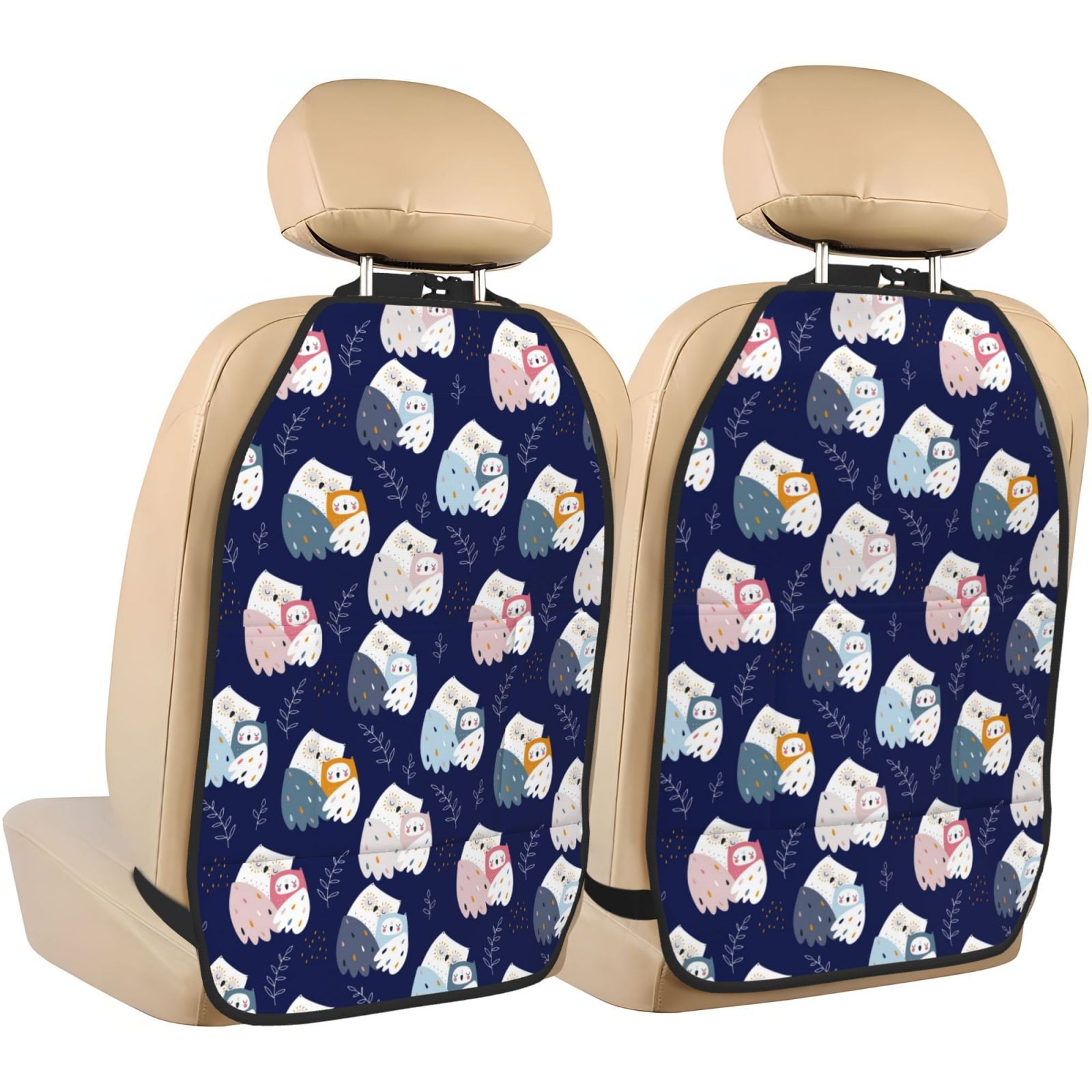 Xecao Mom And Baby Owls Pattern Car Seat Back Protector 2 Pack Large Capacity Pocket, Kick Mats Back Seat Protector