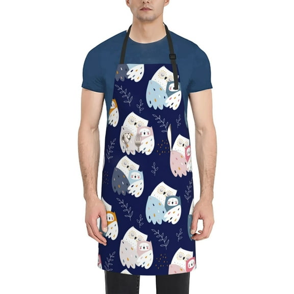 Xecao Mom And Baby Owls Print Kitchen Cooking Aprons, Waterproof Adjustable Bib Aprons with 2 Pockets for Women Men Chef