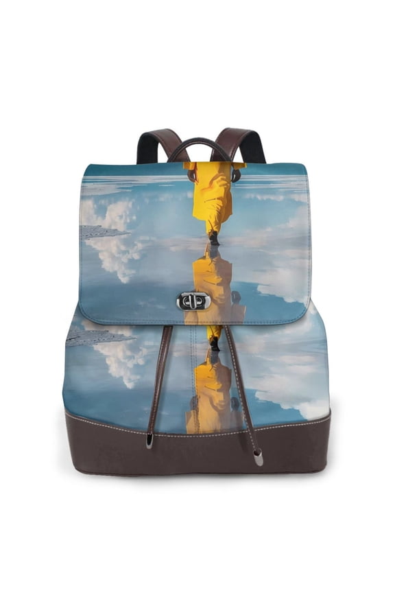 Monk Walking On Water Print Large Backpack Soft Leather for Women Travel with Compartment, Adjustable Convertible Strap