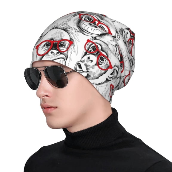 Xecao Monkey Print Beanie Knitted Hat for Men Women, Winter Fashion Knit Cuffed Caps Unisex
