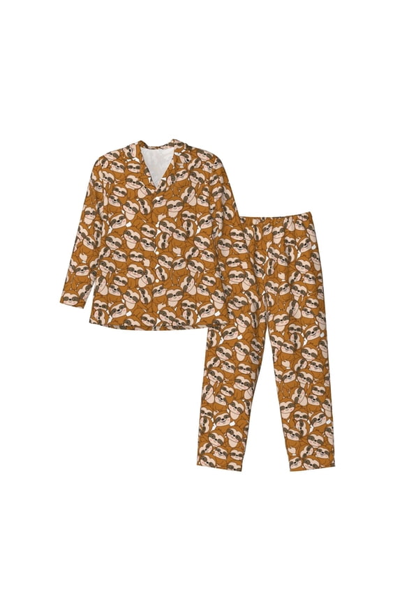 Monkey Sloth Print Pajamas Set Mens Pajamas Long Sleeve Loungewear Two-Piece Sleepwear Button-Down Pjs Set,2PJS-