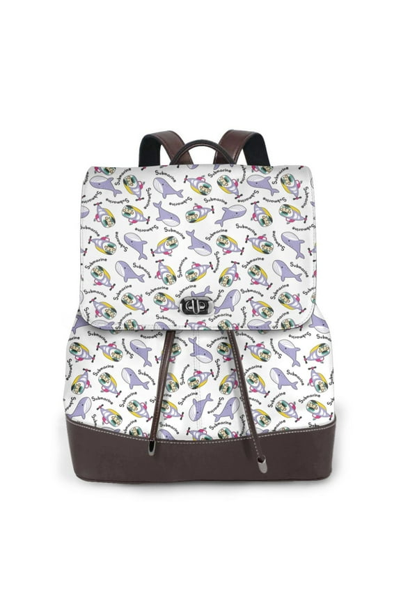 Monkey Submarine Captain Print Large Backpack Soft Leather for Women Travel with Compartment, Adjustable Convertible Strap