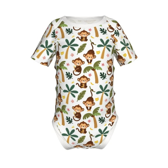 Xecao Monkeys Swinging from Palms Pattern Baby Climbing Bodysuit Short Sleeve Onesie Unisex 0-12 Months Baby Shirt Newborn Outfits Crotch snap design-9M