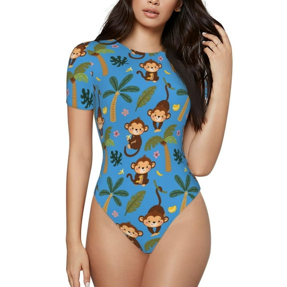 The Xecao Monkeys Swinging from Palms Women's Crew Neck Body Suit, a short-sleeved bodysuit and basic swimsuit, both comfort and style for dating and daily life