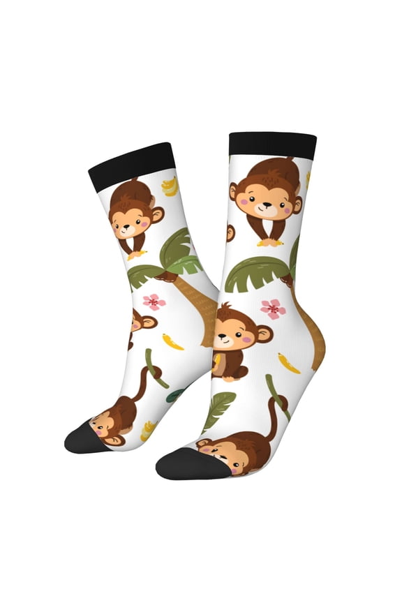 Monkeys Swinging from Palms Pattern Sport Socks for Women and Men Crew Socks Sporty Calf Socks Casual Socks