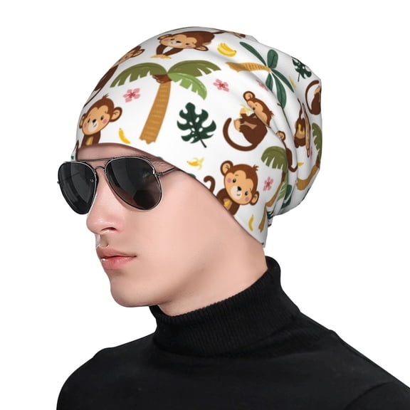 Xecao Monkeys Swinging from Palms Print Beanie Knitted Hat for Men Women, Winter Fashion Knit Cuffed Caps Unisex