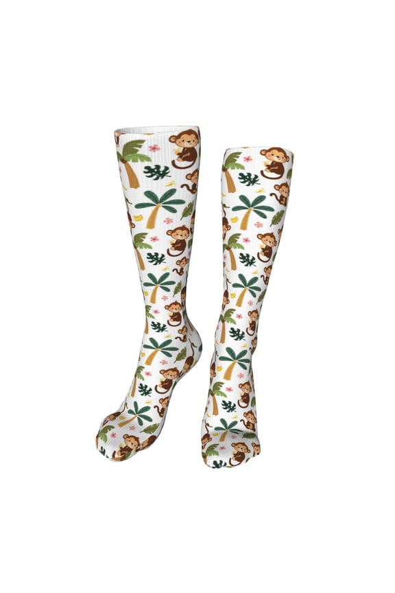 Monkeys Swinging from Palms Print Calf Socks Seamless Toe, Knee High Long Socks, Sports Socks Trouser Socks for Women and Men-One Size