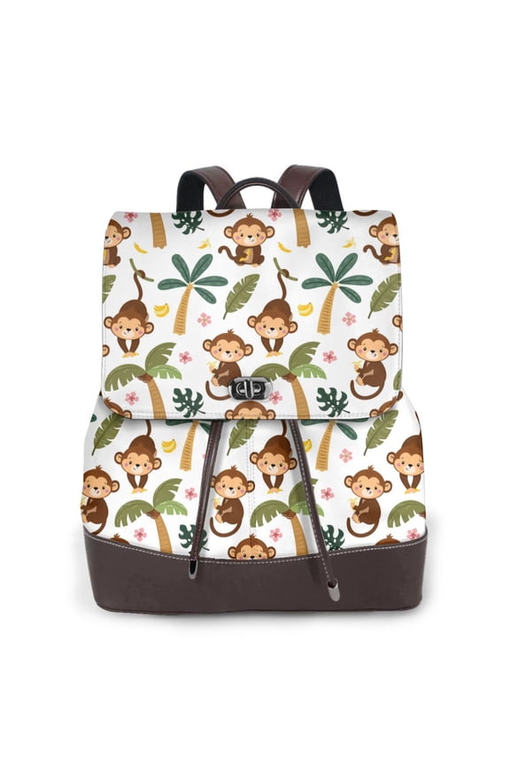 Monkeys Swinging from Palms Print Large Backpack Soft Leather for Women Travel with Compartment, Adjustable Convertible Strap