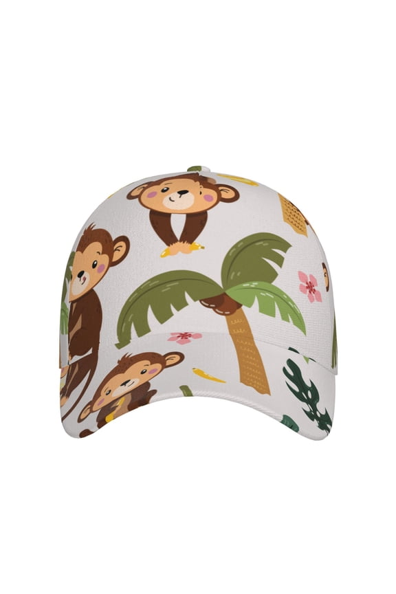 Monkeys Swinging from Palms for Baseball Cap: Unisex, crafted from classic polyester twill fabric, featuring a soft unconstructed design