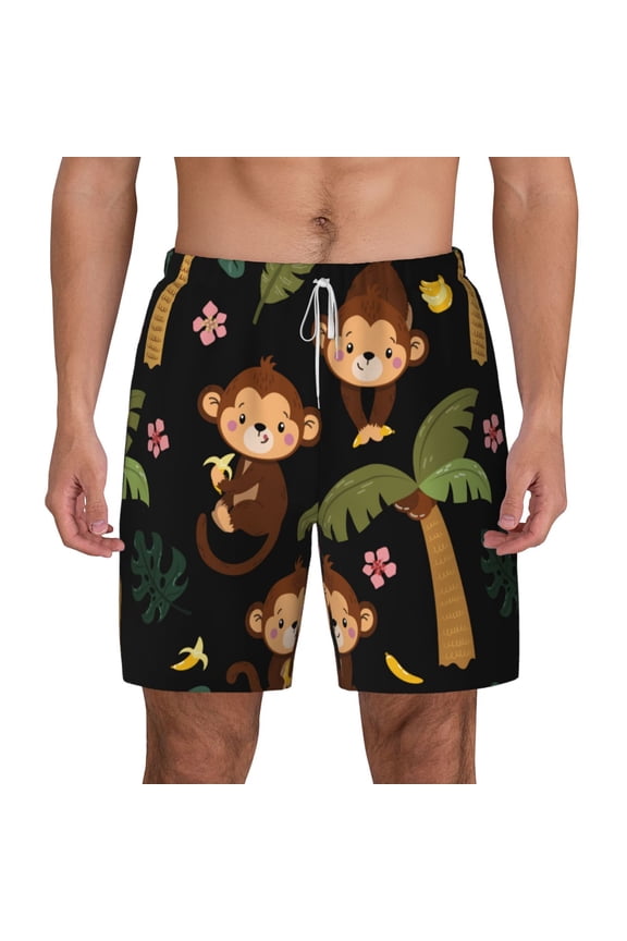 Monkeys Swinging from Palms for Men's Swimming Trunks Swim Trunks Quick Dry Swim Shorts with Mesh Lining Funny Swimwear Bathing Suits