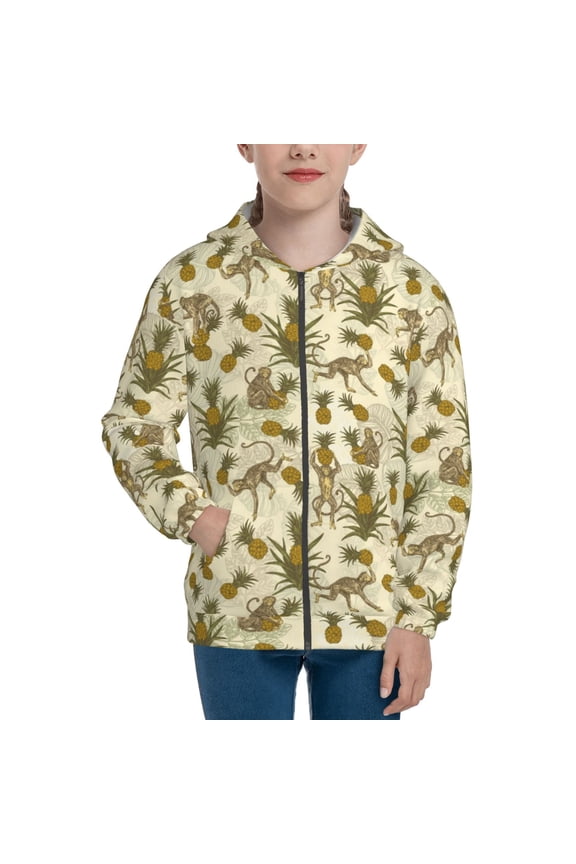 Monkeys and Pinealpples Pattern Zip Up Hoodies for Boys Girls, Sweatshirt with Pockets-Medium