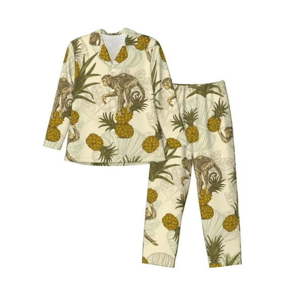 Xecao Monkeys and Pinealpples Print Pajamas Set Mens Pajamas Long Sleeve Loungewear Two-Piece Sleepwear Button-Down Pjs Set,2PJS-Medium