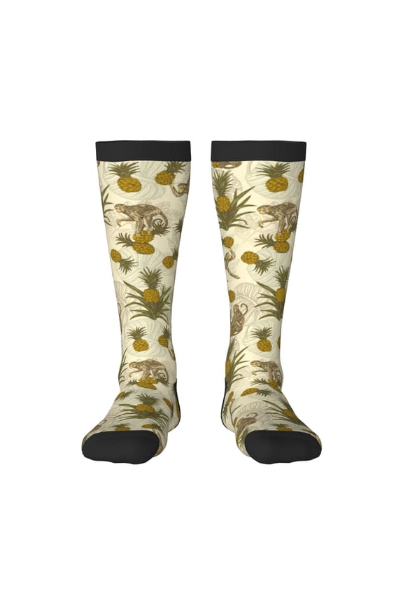Monkeys and Pinealpples print thigh-high socks, crafted for both men and women with a stretchy, high-opaque design perfect for daily wear